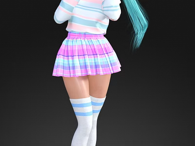 Woman with Teal Hair Wearing Striped Sweater and Plaid Pleated Skirt with Striped Socks 3d model