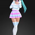 Woman with Teal Hair Wearing Striped Sweater and Plaid Pleated Skirt with Striped Socks