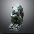 Gray Squirrel Statue Holding Food With Front Paws On Mossy Stone Base For Garden Decoration