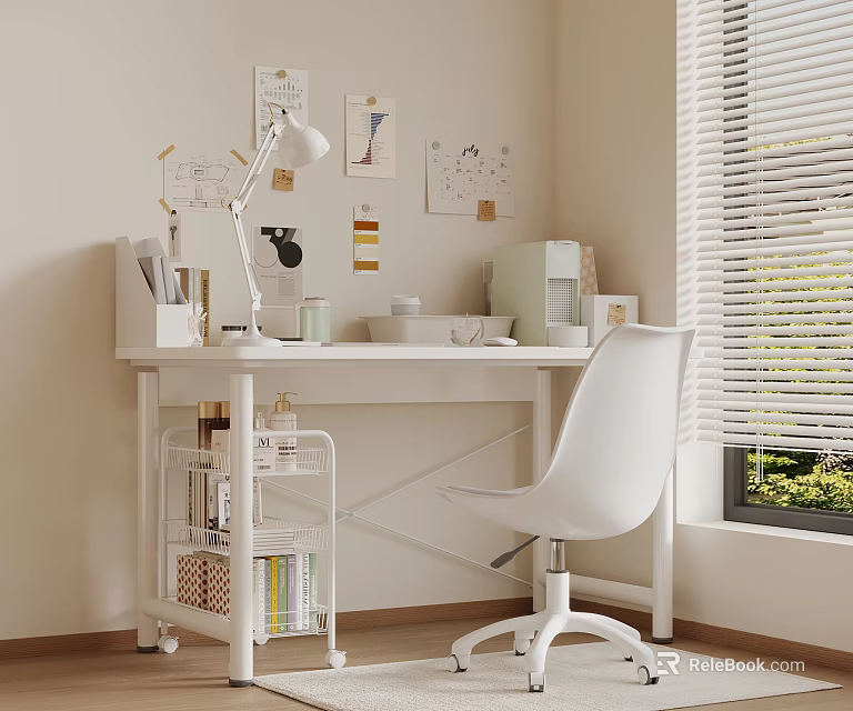 Minimalist Desk Setup With White Chair Lamp Papers Charts On Wall Bookshelf Window Blinds 3d model 