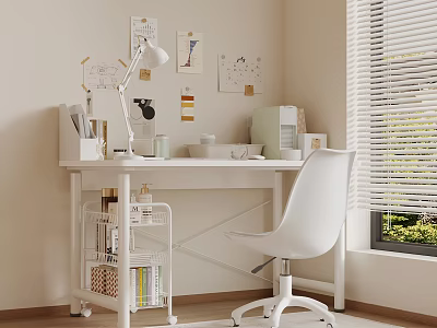 Minimalist Desk Setup With White Chair Lamp Papers Charts On Wall Bookshelf Window Blinds 3d model