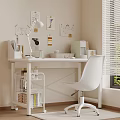 Minimalist Desk Setup With White Chair Lamp Papers Charts On Wall Bookshelf Window Blinds
