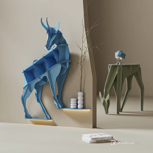 Origami Deer Shaped Blue Green Bookcase With White Cylindrical Decor Plants And Small Blue Statue 3d model 