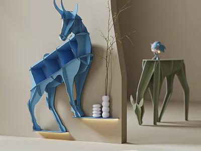 Origami Deer Shaped Blue Green Bookcase With White Cylindrical Decor Plants And Small Blue Statue 3d model