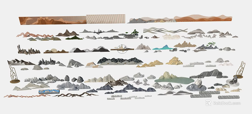 Decorative Feature Wall Design With Various Mountain Patterns And Landscape Elements 3d model
