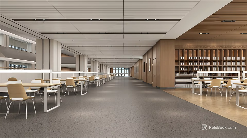 Modern Library Interior Design With Rows Of Desks Chairs And Bookshelves 3d model 
