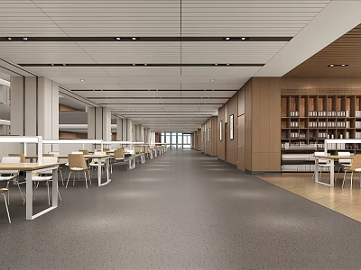 Modern Library Interior Design With Rows Of Desks Chairs And Bookshelves 3d model