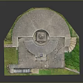 Cartoon Fortress Scene with Circular Platform Green Grass Steps and Railing Details