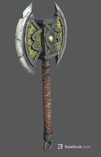 Ornate Decorative Axe With Intricate Metal Blade And Leather Wrapped Handle 3d model 