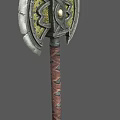 Ornate Decorative Axe With Intricate Metal Blade And Leather Wrapped Handle