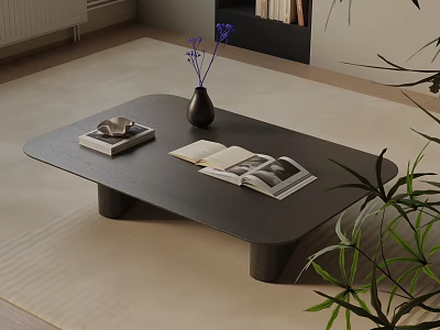 Living Room Sofa Coffee Table Set With Black Table Books Flower Vase And Green Plants 3d model