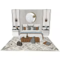 Modern Double Bed With Circular Wall Decor Nightstands And Patterned Bedroom Rug 3d model