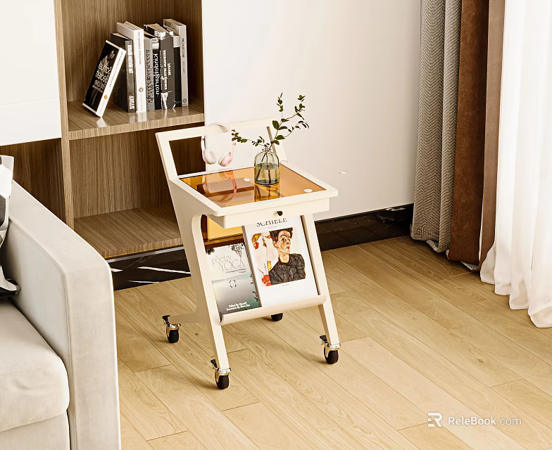 Modern Wheeled Side Table With Potted Plant And Magazines In Living Room 3d model 