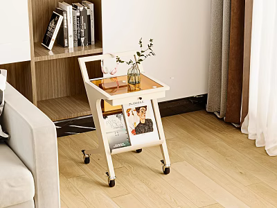 Modern Wheeled Side Table With Potted Plant And Magazines In Living Room 3d model