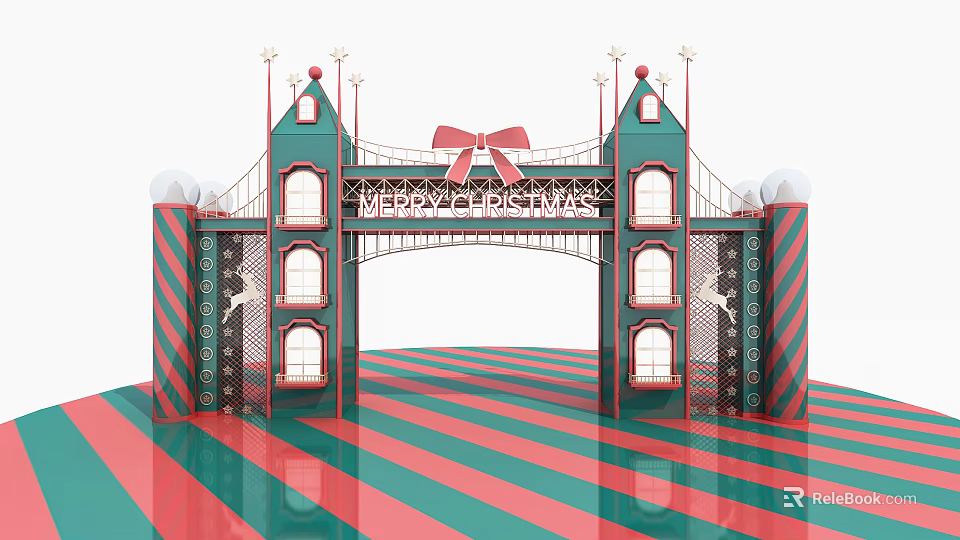 Decorative Christmas Event Entrance With Red Green Large Bow Stars Striped Pillars And Deer Motifs 3d model 