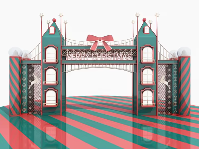 Decorative Christmas Event Entrance With Red Green Large Bow Stars Striped Pillars And Deer Motifs 3d model