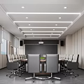 Modern Public Office Space With Desks Office Chairs Central Plant Striped Ceiling Linear Pendant Lights