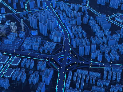 Futuristic City Night View With Blue Lights High Rise Buildings And Roads 3d model