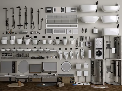 Complete Modern Bathroom Set With Sinks Toilets Showers Cabinets And Mirrors 3d model