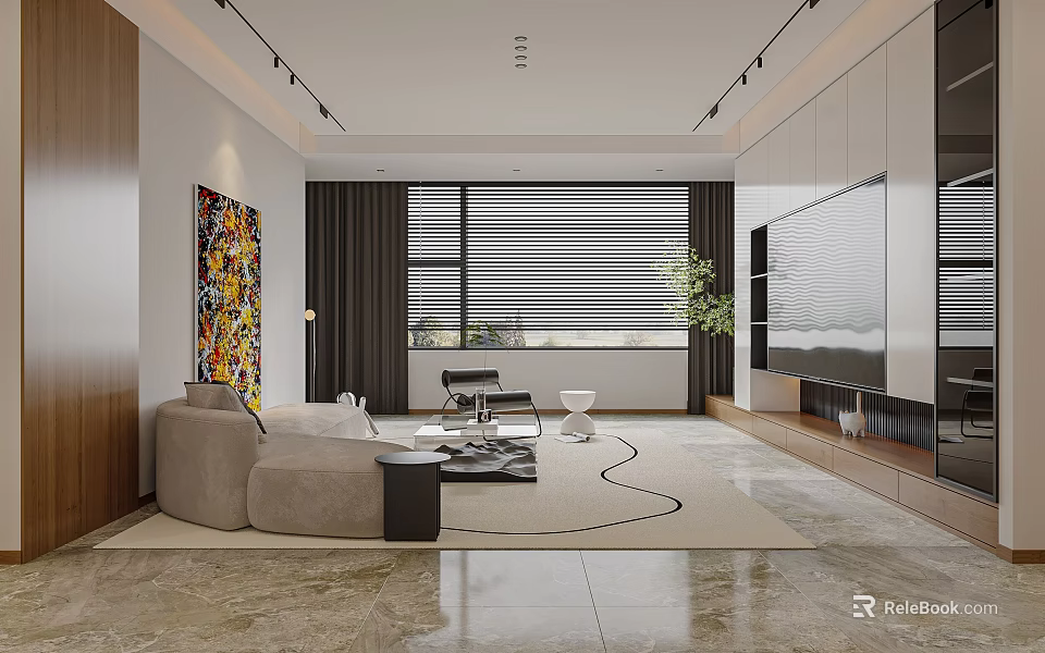 Modern Living Dining Room Featuring Beige Sofa TV Cabinet Decorative Painting Area Rug And Plant 3d model 