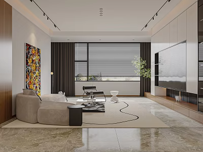 Modern Living Dining Room Featuring Beige Sofa TV Cabinet Decorative Painting Area Rug And Plant 3d model