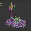 Detailed 3D Scenery With Purple Street Lamp Yellow Barrel And Blue Gravel Ground