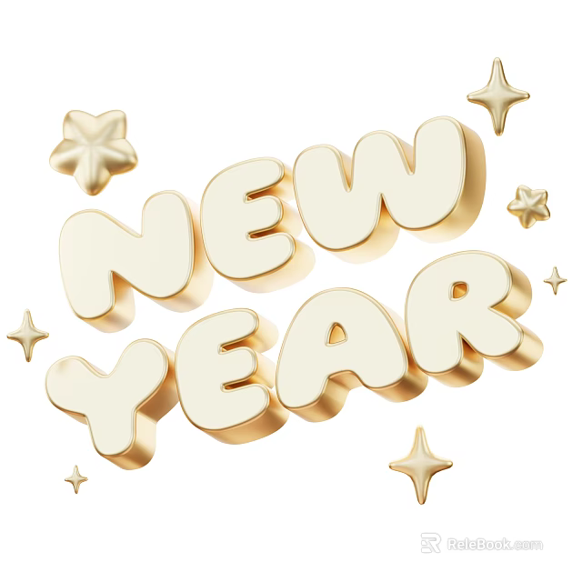 Golden New Year Themed Decorative Ornament Set With 3D Letters And Star Accents 3d model 