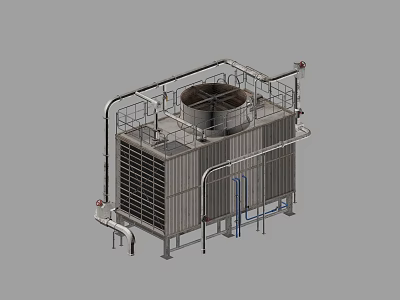 Industrial Cooling Tower Equipment With Metal Structure Cooling Fins Pipes And Platform Railings 3d model