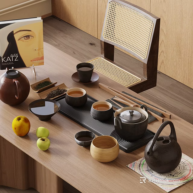 Traditional Tea Set With Teapot Teacups Tea Leaves And Fresh Fruits On Wooden Table 3d model 