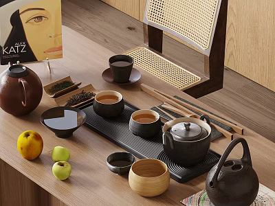 Traditional Tea Set With Teapot Teacups Tea Leaves And Fresh Fruits On Wooden Table 3d model