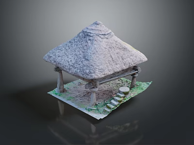 Traditional Thatched Roof Pavilion With Stone Steps And Green Ground Design 3d model