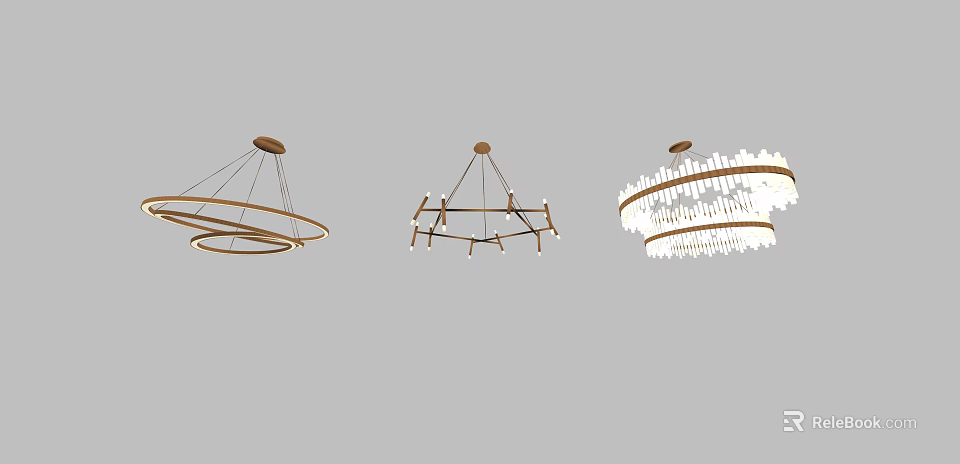 Modern Chandeliers Featuring Circular Wooden Frames Branch Like Designs And Crystal Elements 3d model