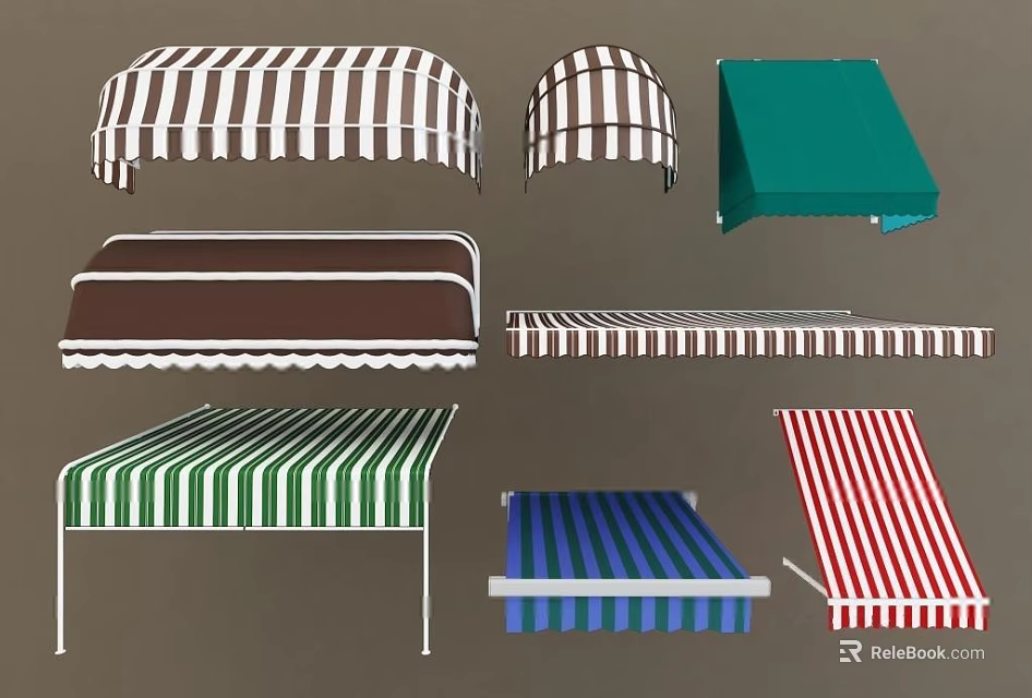 Colorful Outdoor Awnings With Striped Designs Various Styles And Different Shapes 3d model 