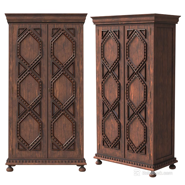 Elegant Classic Double Door Wooden Decorative Cabinet With Intricate Carved Patterns 3d model 