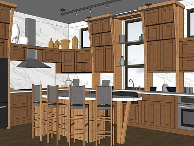 Modern Kitchen With Wooden Cabinets Marble Backsplash Island And Bar Stools 3d model