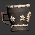 Handmade Brown Ceramic Mug With Square Handle Shell Decorations And Flower Pattern