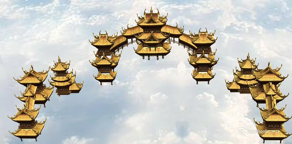 Golden Traditional Chinese Pagoda Architecture With Flying Eaves And Cloudy Sky 3d model 