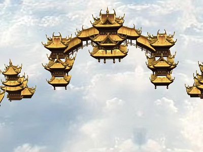 Golden Traditional Chinese Pagoda Architecture With Flying Eaves And Cloudy Sky 3d model