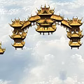 Golden Traditional Chinese Pagoda Architecture With Flying Eaves And Cloudy Sky