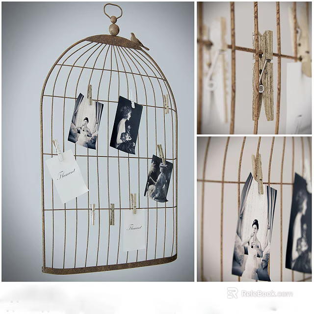 Rustic Birdcage Hanging Decor With Black White Photos Cards And Clothespins 3d model 