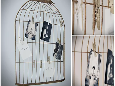 Rustic Birdcage Hanging Decor With Black White Photos Cards And Clothespins 3d model