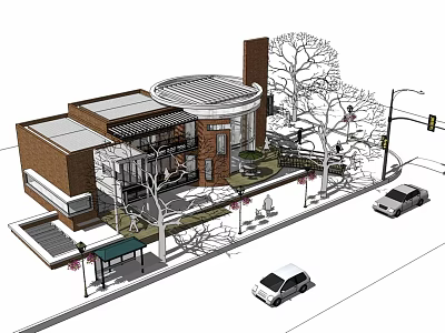 Modern Sales Office Building with Curved Roof Brick Glass Facade and Trees Along Street 3d model