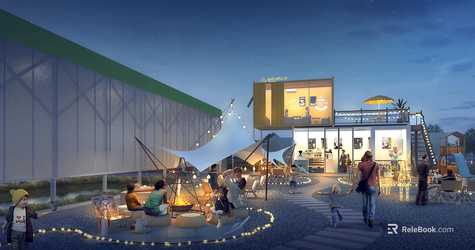 Nighttime Garden Landscape With Canvas Tent Bonfire People And Container Building String Lights 3d model 