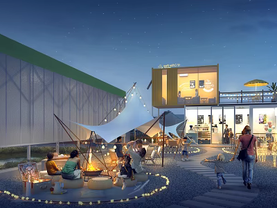 Nighttime Garden Landscape With Canvas Tent Bonfire People And Container Building String Lights 3d model