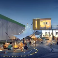 Nighttime Garden Landscape With Canvas Tent Bonfire People And Container Building String Lights