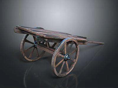 Antique Wooden Cart Featuring Large Spoked Wheels And Flat Wooden Platform 3d model