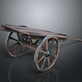 Antique Wooden Cart Featuring Large Spoked Wheels And Flat Wooden Platform