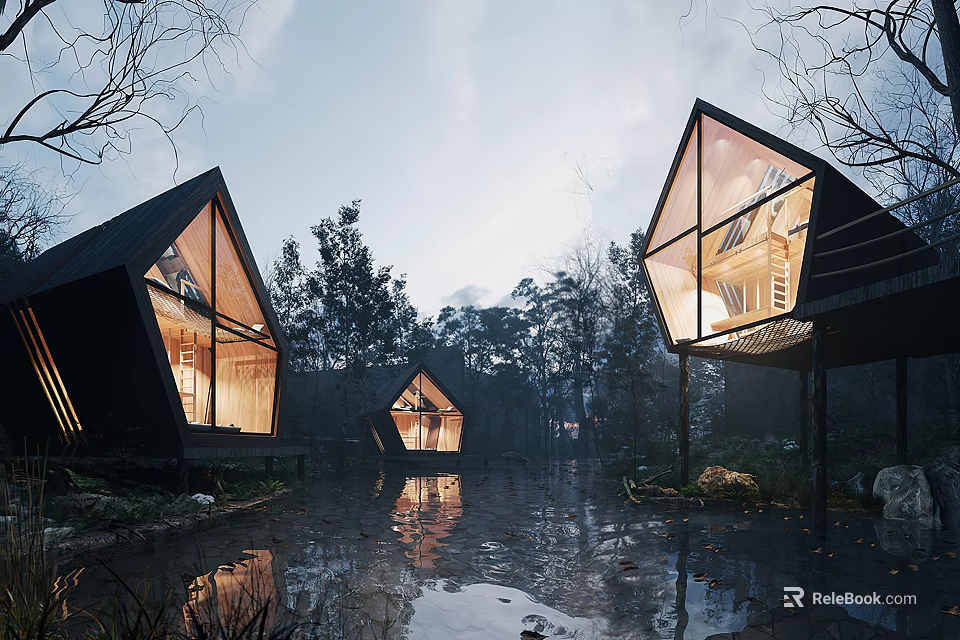 Modern Detached Villa with Triangular Roof Large Glass Windows and Natural Water Surroundings 3d model 