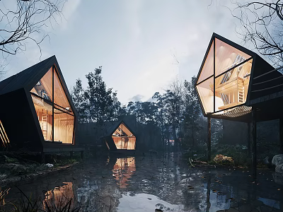Modern Detached Villa with Triangular Roof Large Glass Windows and Natural Water Surroundings 3d model