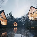 Modern Detached Villa with Triangular Roof Large Glass Windows and Natural Water Surroundings